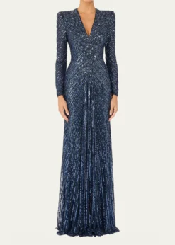 Jenny PackhamEve Embellished Strong-Shoulder Long-Sleeve Gown