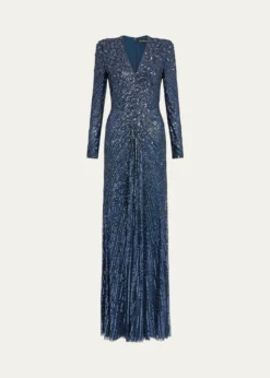Jenny PackhamEve Embellished Strong-Shoulder Long-Sleeve Gown