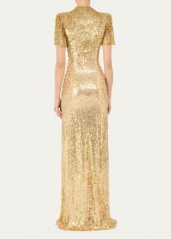 Jenny PackhamJourdain Sequined Short-Sleeve A-Line Gown