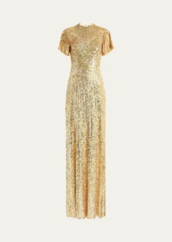 Jenny PackhamJourdain Sequined Short-Sleeve A-Line Gown
