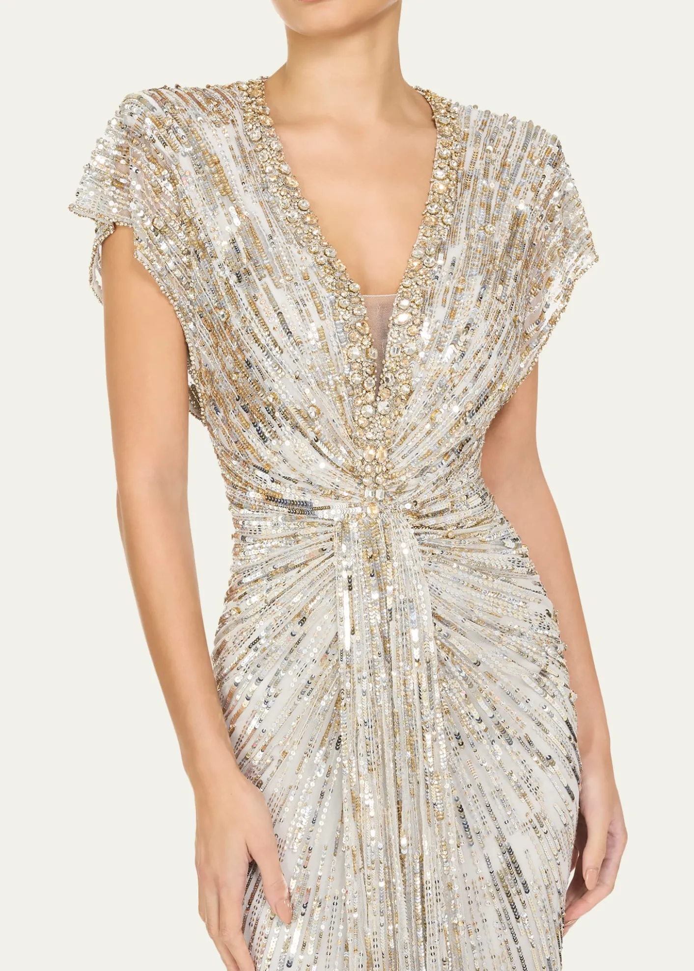 Jenny PackhamLacie V-Neck Cap-Sleeve Beaded Gown