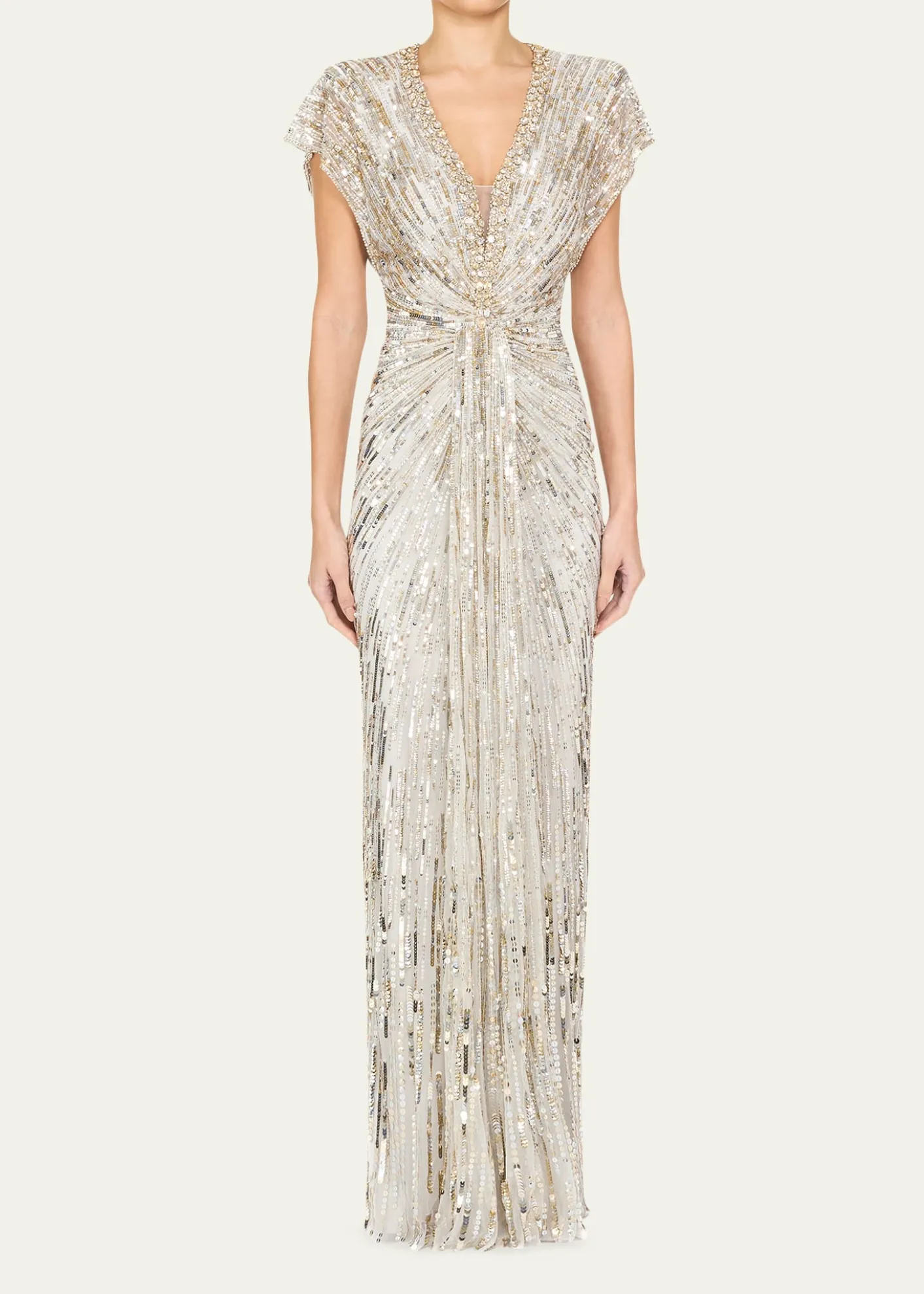 Jenny PackhamLacie V-Neck Cap-Sleeve Beaded Gown
