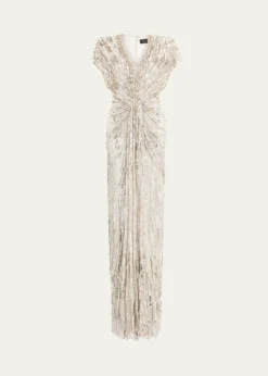 Jenny PackhamLacie V-Neck Cap-Sleeve Beaded Gown