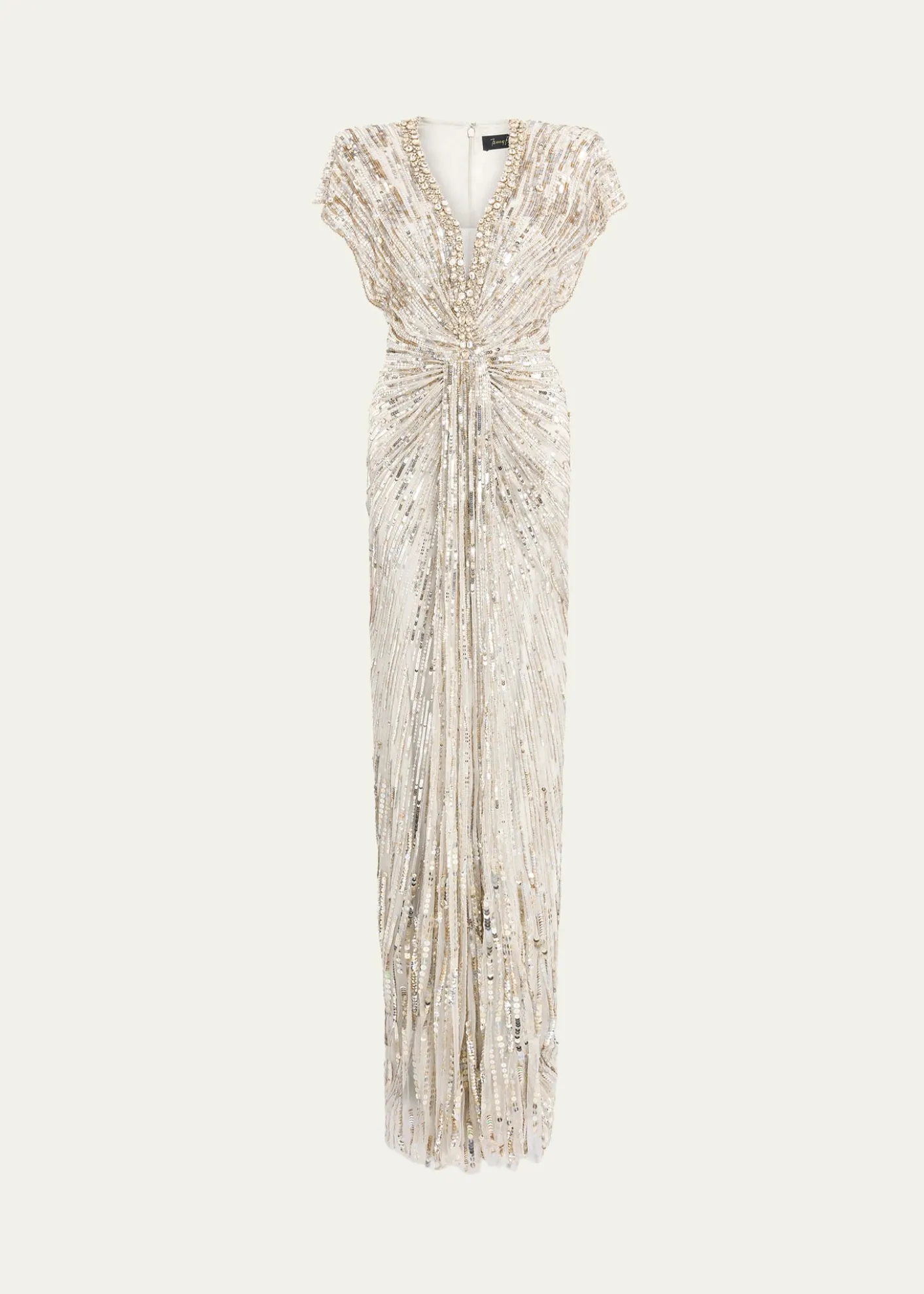 Jenny PackhamLacie V-Neck Cap-Sleeve Beaded Gown