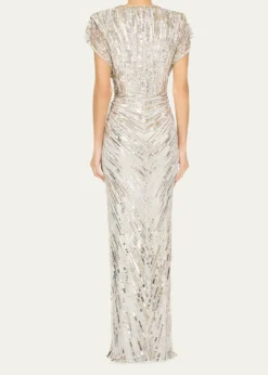 Jenny PackhamLacie V-Neck Cap-Sleeve Beaded Gown