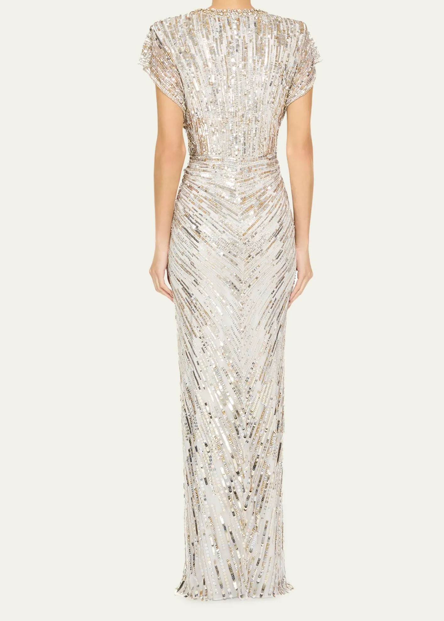 Jenny PackhamLacie V-Neck Cap-Sleeve Beaded Gown