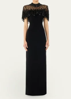 Jenny PackhamLivia Crystal Fringe Capelet Column Gown