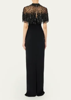 Jenny PackhamLivia Crystal Fringe Capelet Column Gown