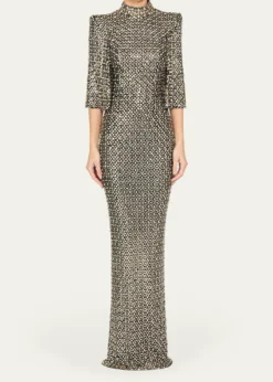 Jenny PackhamSedona 3/4-Sleeve Rhinestone Gown