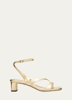 Jimmy Choo45mm Faye Metallic Leather Asymmetric Ankle-Strap Sandals