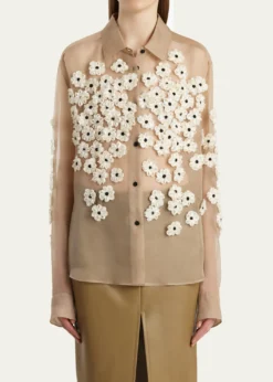 KhaiteArgo Floral Applique Silk Button-Down Top