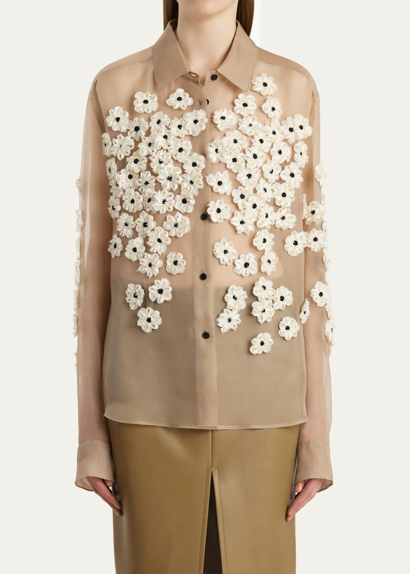 KhaiteArgo Floral Applique Silk Button-Down Top