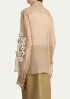 KhaiteArgo Floral Applique Silk Button-Down Top