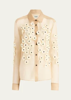 KhaiteArgo Floral Applique Silk Button-Down Top