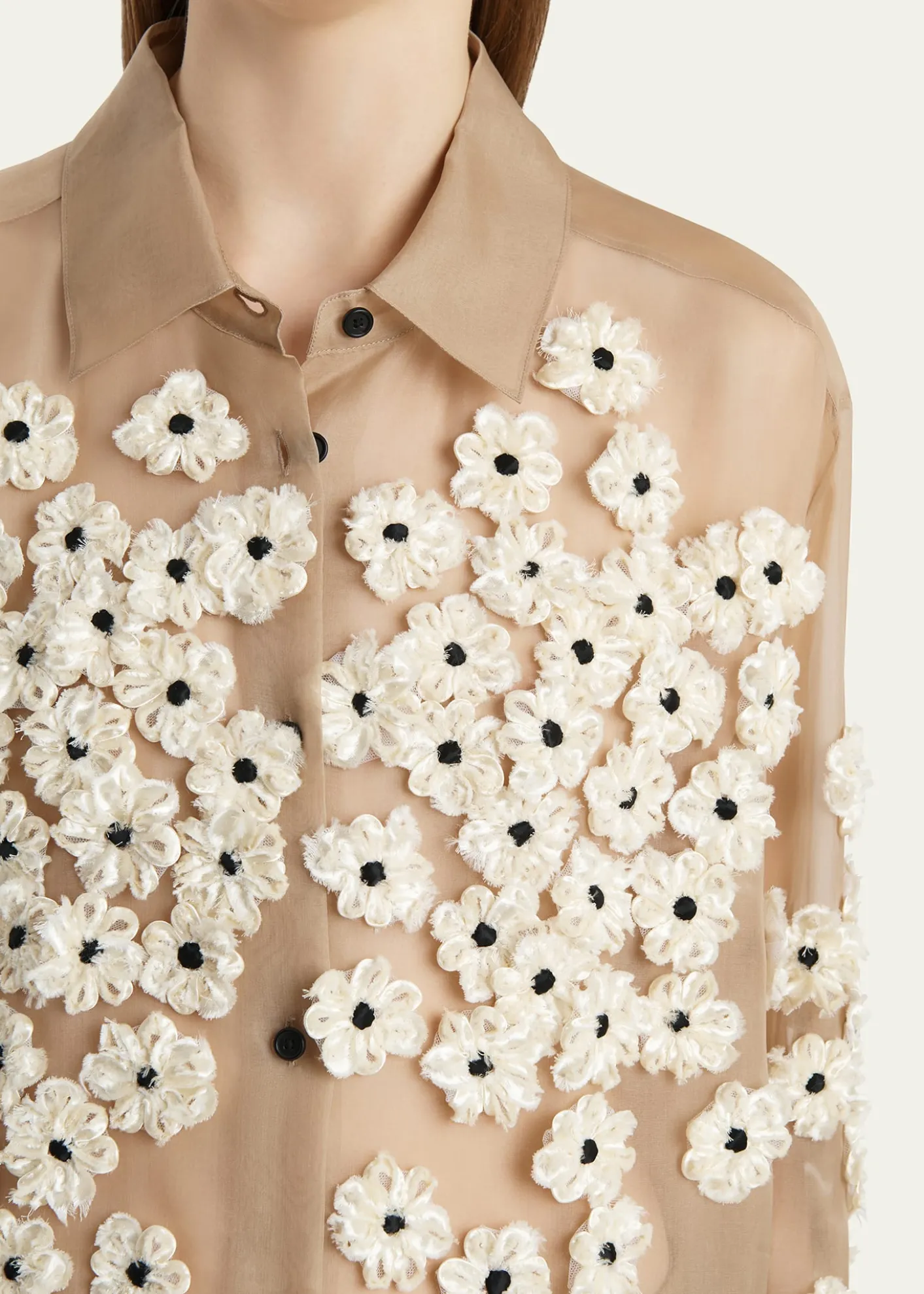 KhaiteArgo Floral Applique Silk Button-Down Top
