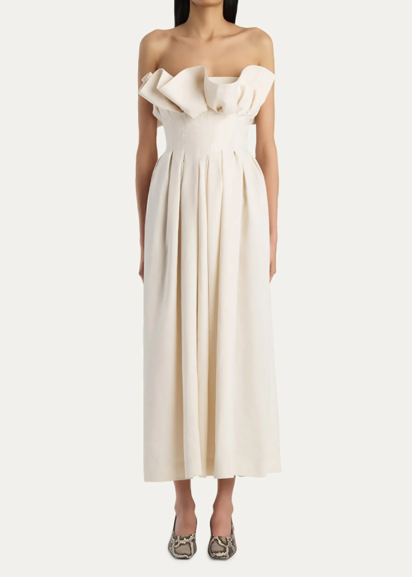 KhaiteClaude Pleated Ruffle Strapless Midi Dress