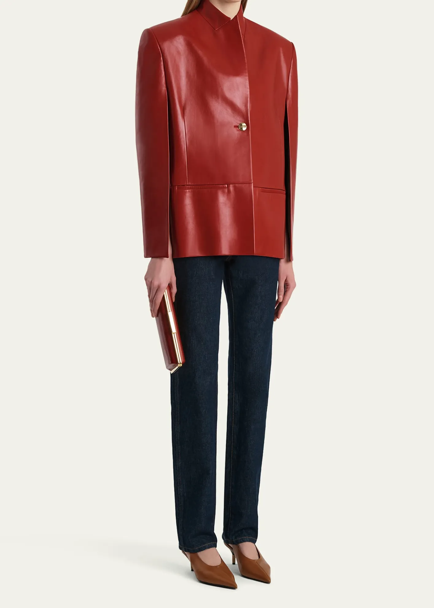 KhaiteDolso Single-Breasted Leather Cape Jacket