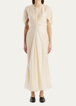 KhaiteRia Puff-Sleeve Draped Silk-Blend Maxi Dress