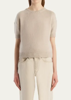KhaiteShimmering Cashmere Short-Sleeve Crewneck Sweater