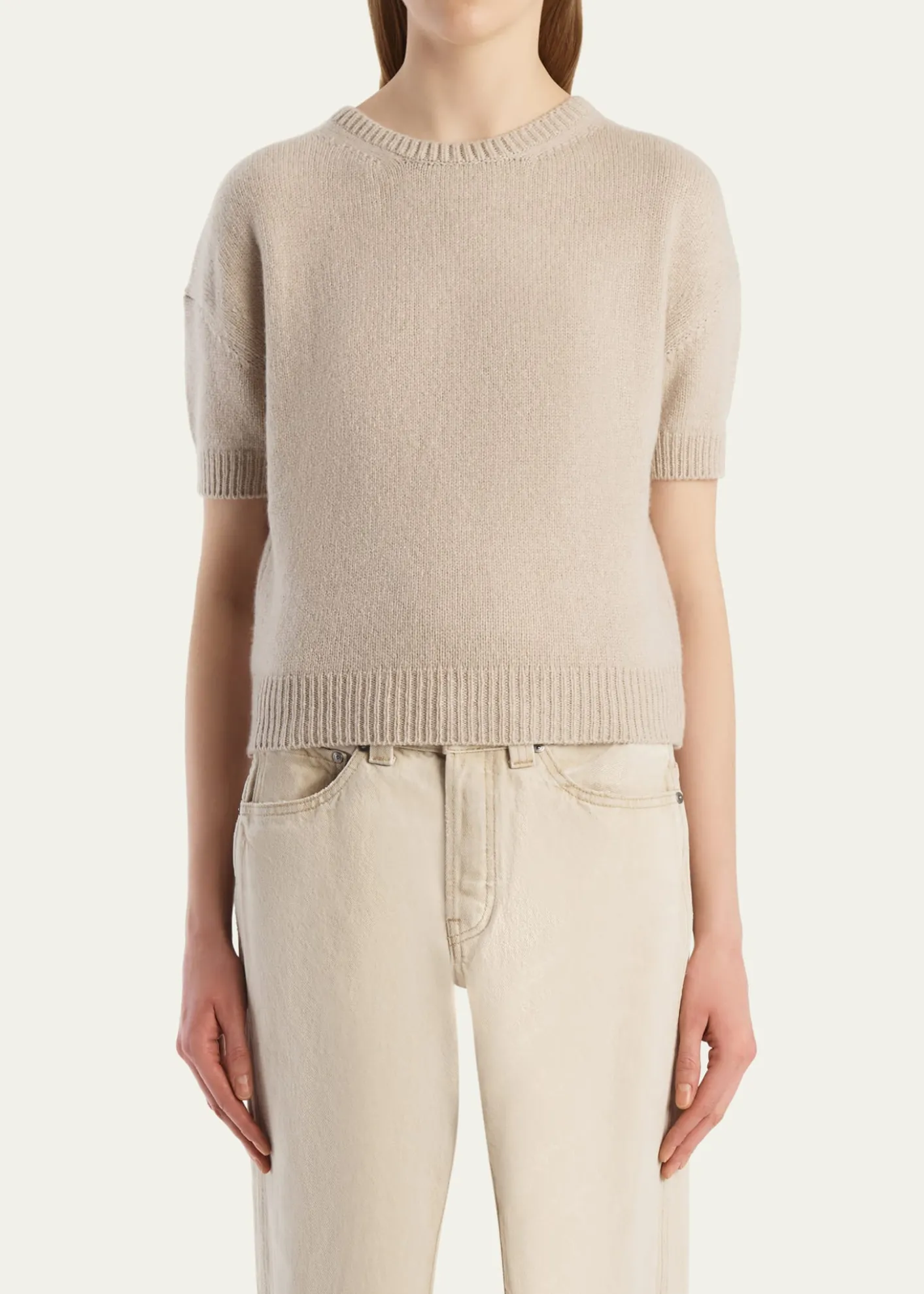 KhaiteShimmering Cashmere Short-Sleeve Crewneck Sweater