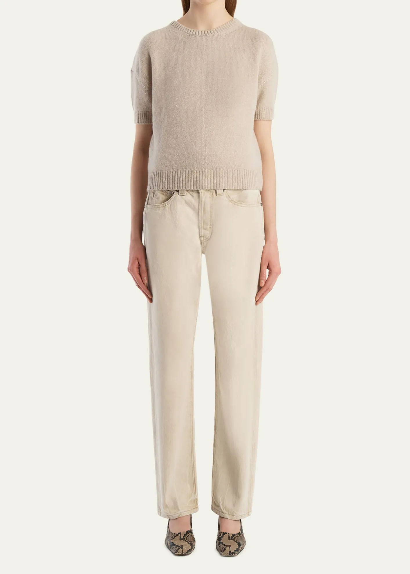KhaiteShimmering Cashmere Short-Sleeve Crewneck Sweater