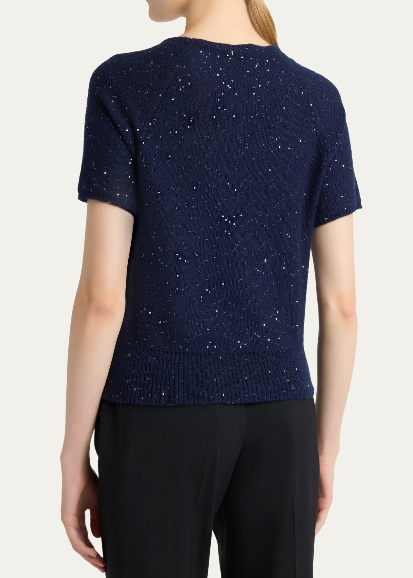 KitonCashmere Paillette Short-Sleeve Crewneck Sweater