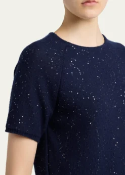KitonCashmere Paillette Short-Sleeve Crewneck Sweater