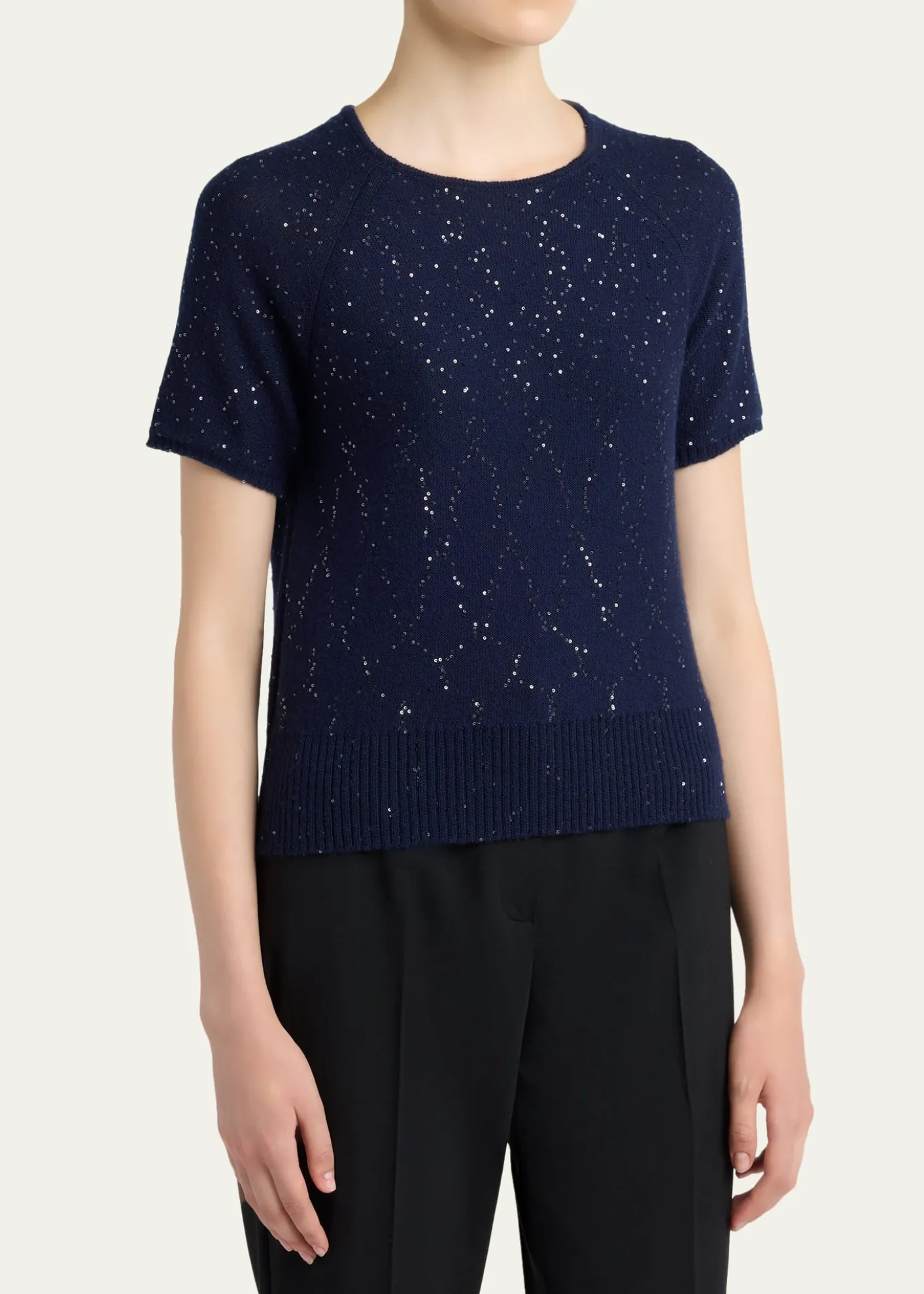 KitonCashmere Paillette Short-Sleeve Crewneck Sweater