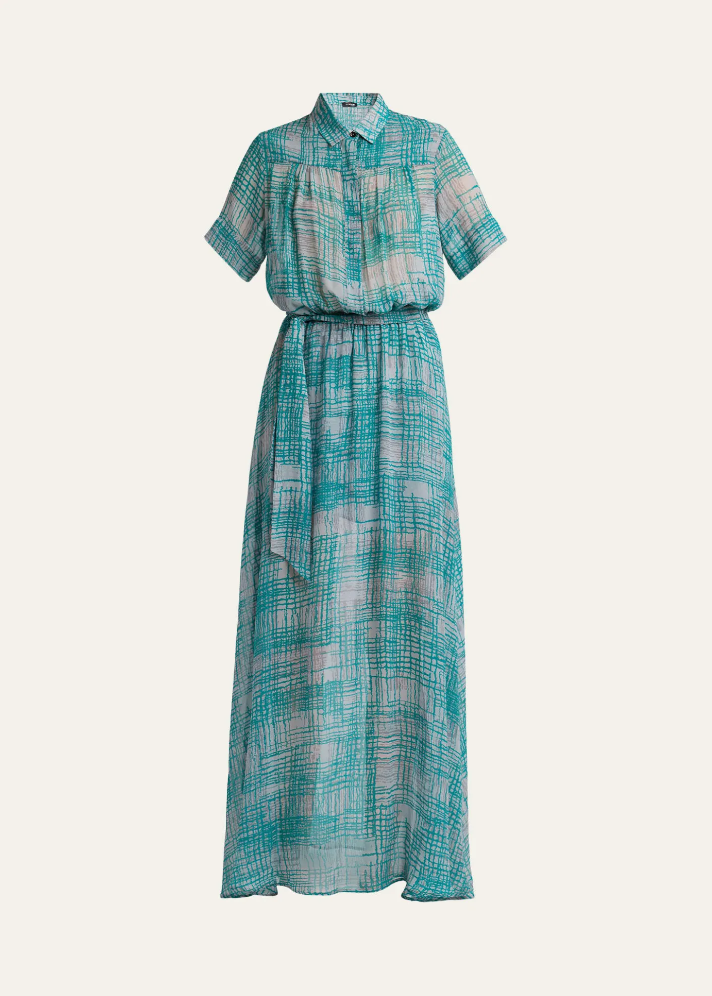 KitonCheck Silk Georgette Short-Sleeve Maxi Shirtdress