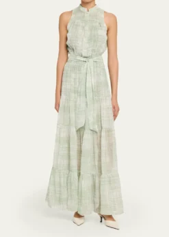 KitonCheck Silk Tie-Waist Tiered Maxi Dress