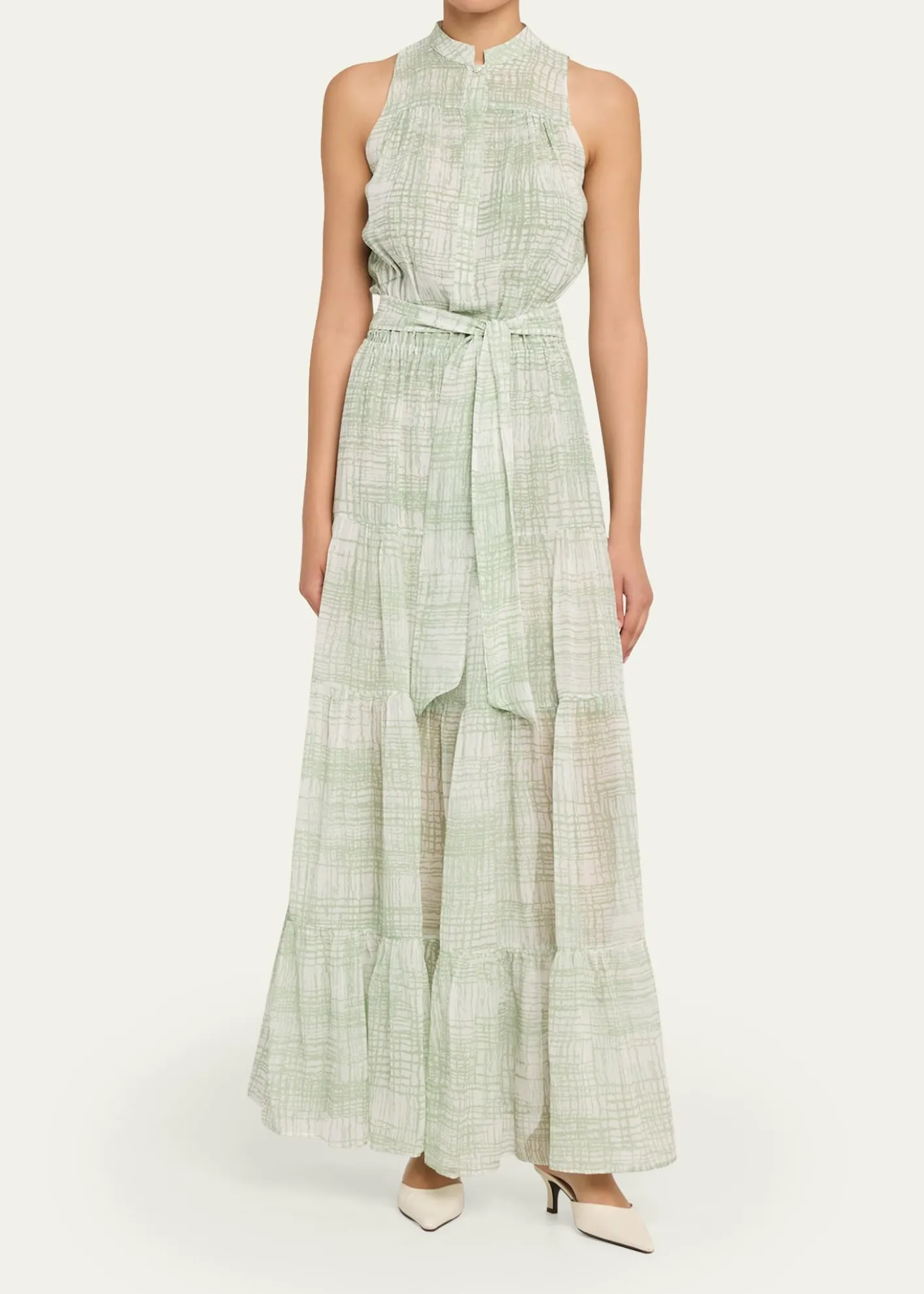 KitonCheck Silk Tie-Waist Tiered Maxi Dress