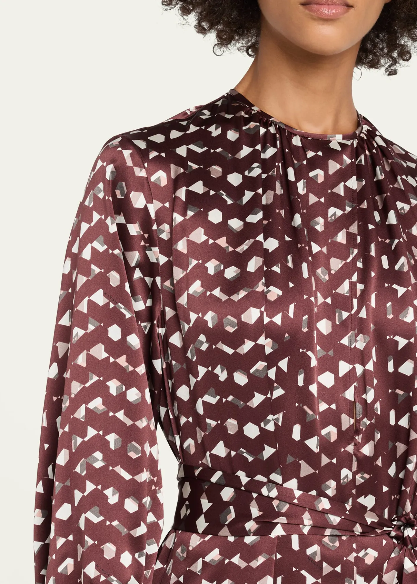 KitonLong-Sleeve Abstract-Print Silk Belted Maxi Dress