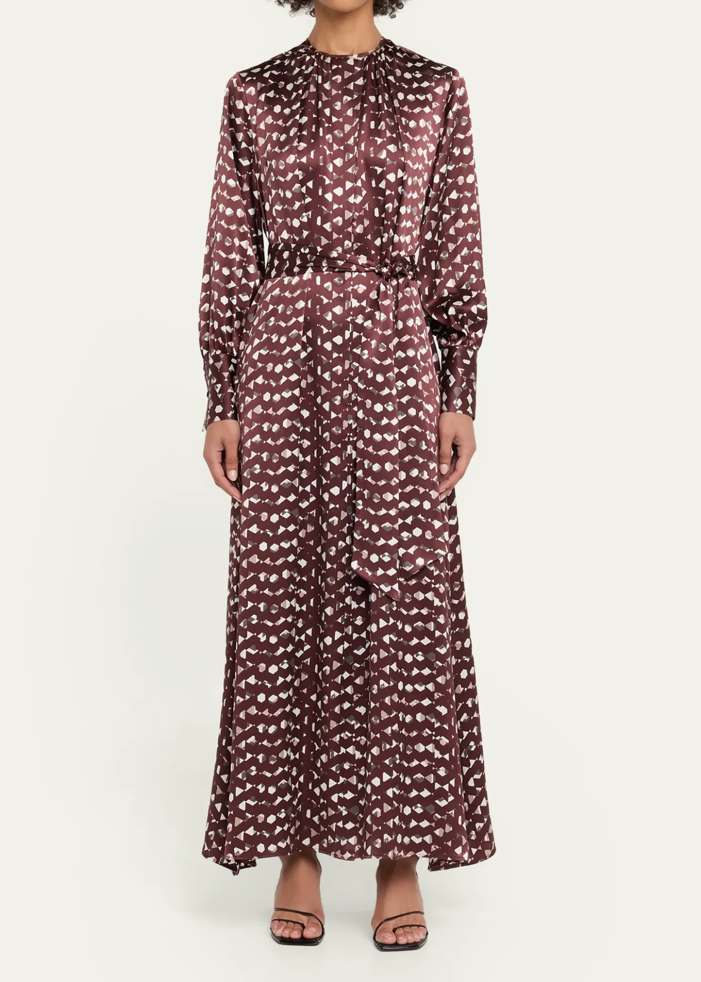 KitonLong-Sleeve Abstract-Print Silk Belted Maxi Dress