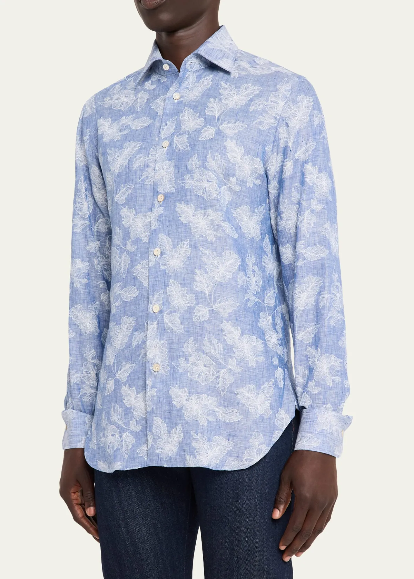 KitonMen's Floral Linen Button-Down Shirt