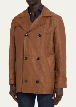 KitonMen's Leather Vintage-Effect Short Trench Coat