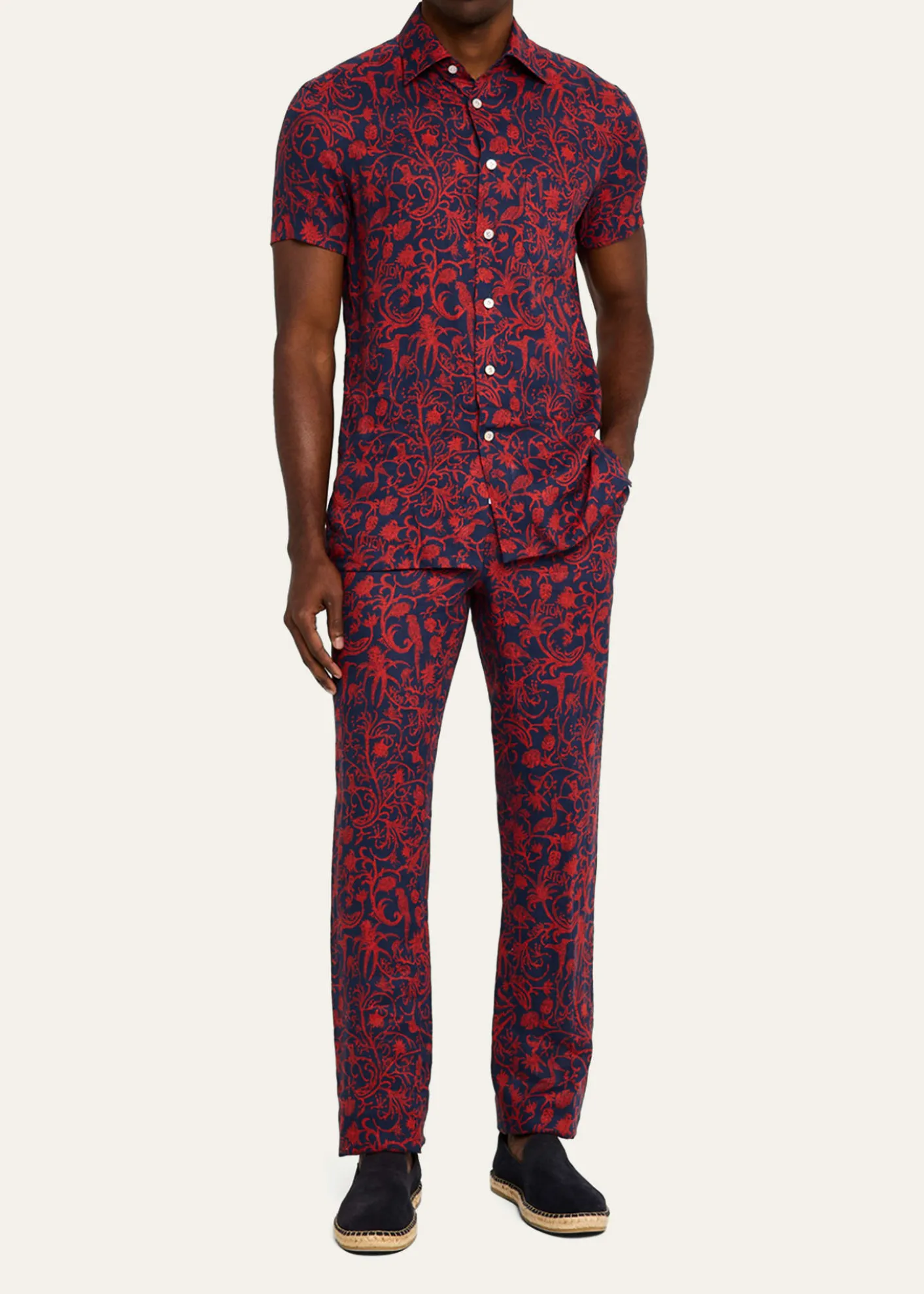 KitonMen's Linen Coral-Print Stretch Pants
