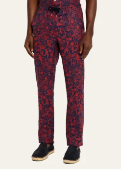 KitonMen's Linen Coral-Print Stretch Pants