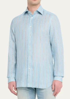 KitonMen's Linen Stripe Button-Down Shirt with Mother-Of-Pearl