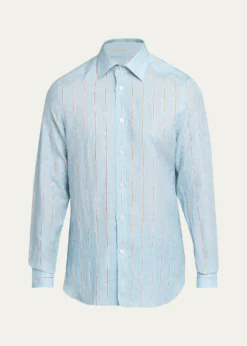 KitonMen's Linen Stripe Button-Down Shirt with Mother-Of-Pearl