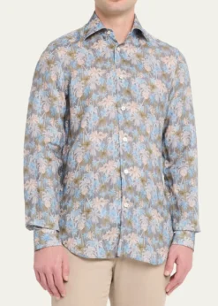 KitonMen's Palm-Print Linen Button-Down Shirt with Mother-Of-Pearl