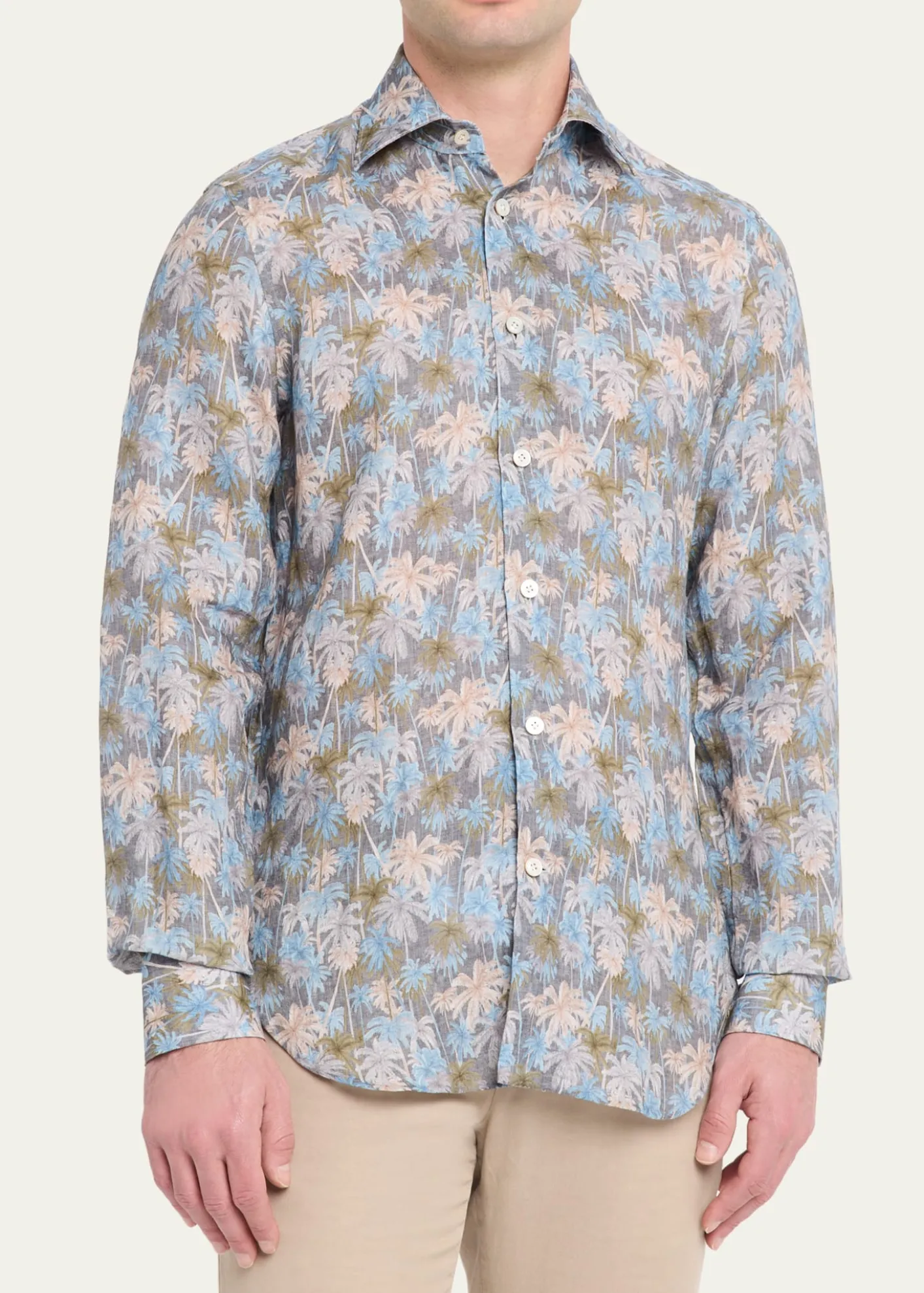 KitonMen's Palm-Print Linen Button-Down Shirt with Mother-Of-Pearl