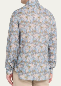KitonMen's Palm-Print Linen Button-Down Shirt with Mother-Of-Pearl
