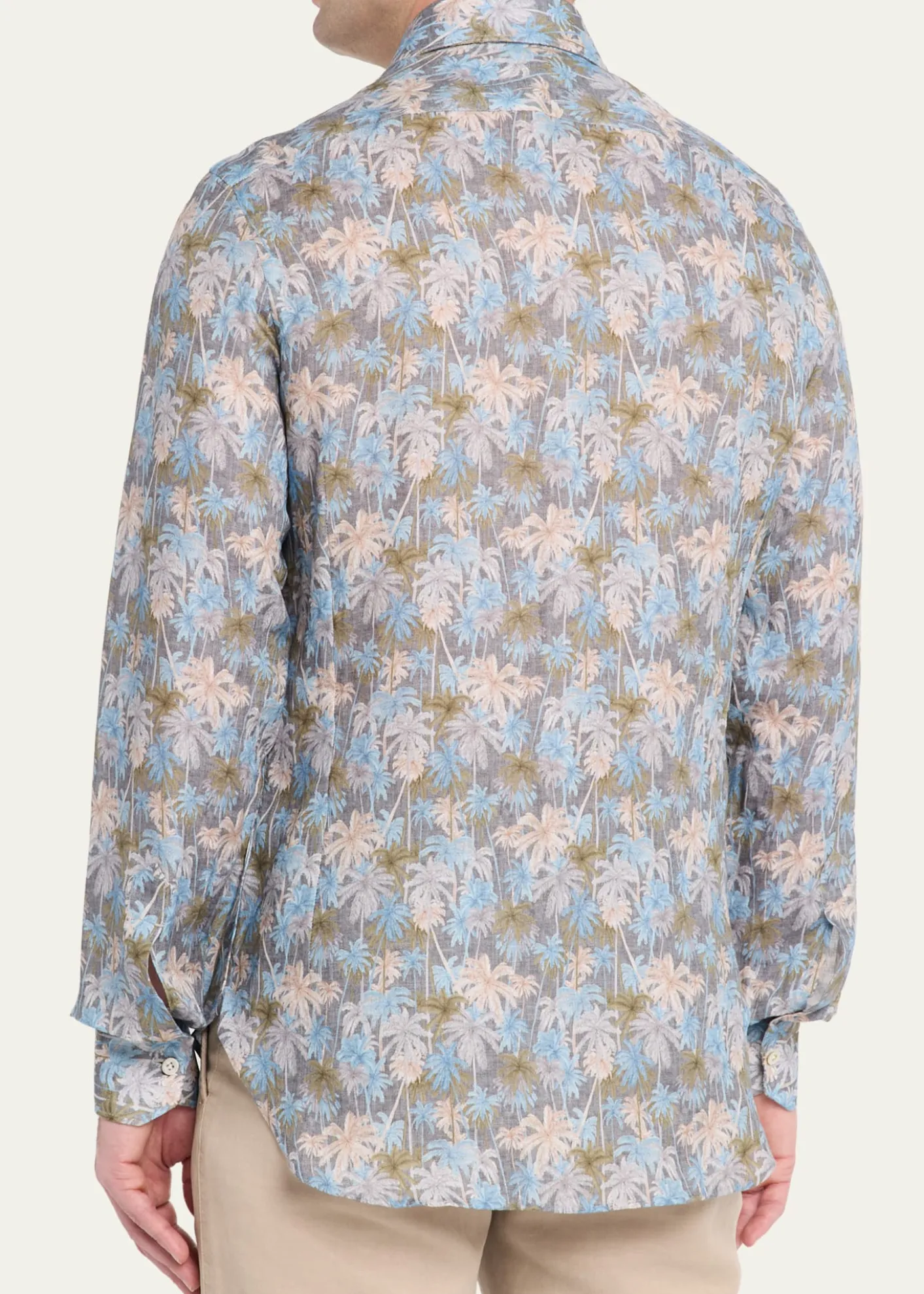 KitonMen's Palm-Print Linen Button-Down Shirt with Mother-Of-Pearl
