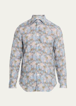 KitonMen's Palm-Print Linen Button-Down Shirt with Mother-Of-Pearl