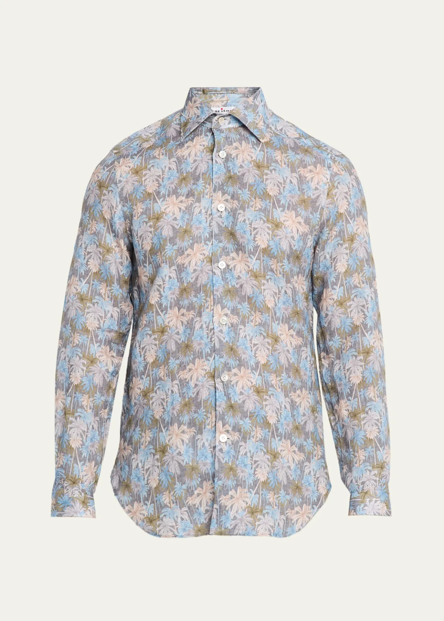KitonMen's Palm-Print Linen Button-Down Shirt with Mother-Of-Pearl