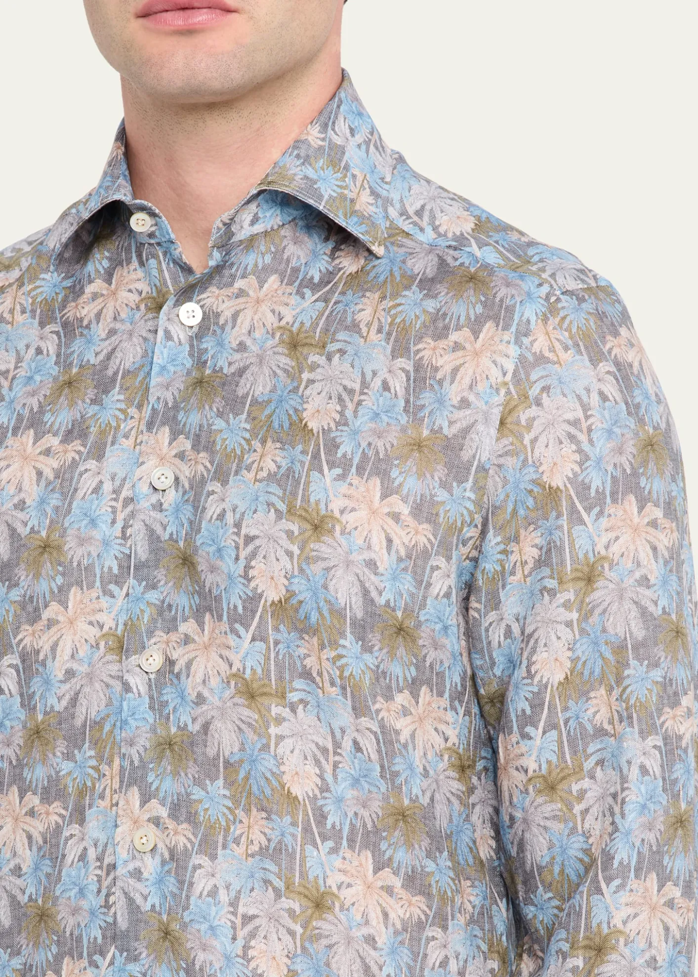 KitonMen's Palm-Print Linen Button-Down Shirt with Mother-Of-Pearl