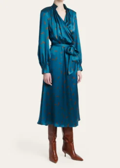 KitonStrong-Shoulder Long-Sleeve Satin Midi Wrap Dress