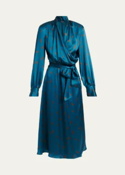 KitonStrong-Shoulder Long-Sleeve Satin Midi Wrap Dress