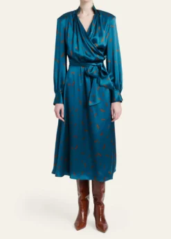 KitonStrong-Shoulder Long-Sleeve Satin Midi Wrap Dress