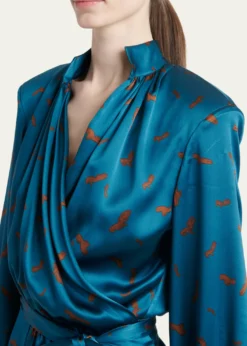 KitonStrong-Shoulder Long-Sleeve Satin Midi Wrap Dress